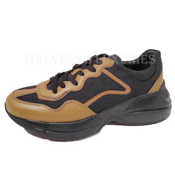 GUCCI SNEAKERS MENS RHYTON BLACK GG SUPREME BROWN LEATHER SHOES sz 8 8.5 - Picture 4 of 16